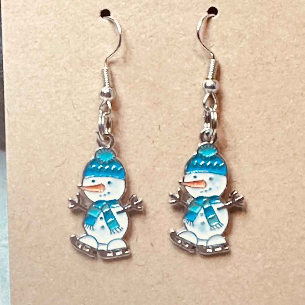 Handmade Snowman Ice Skating Earrings Winter Enamel Stainless Steel Blue